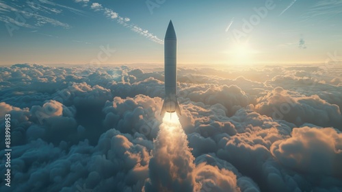 Soaring Rocket Launch Above Clouds at Sunset