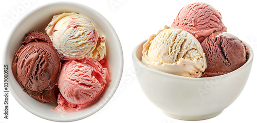 Neapolitan ice cream bundle, chocolate, vanilla, strawberry, in a white bowl, isolated on a transparent background