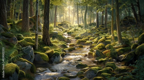 A serene forest glade with dappled sunlight, moss-covered rocks, and a babbling brook, inviting visitors to pause and connect with the natural world.