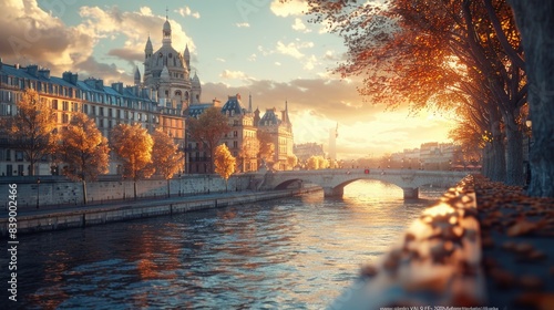 Golden Autumn Sunset by the Seine River in Paris