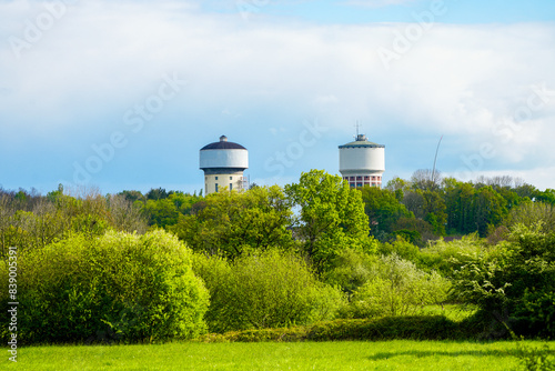 View of the Hammer water towers in the Berge district. Tall round water towers to supply drinking water to the city of Hamm. 