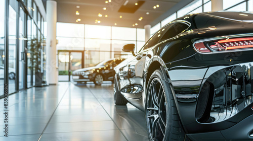 Showroom Display of Luxurious Black Car at Car Dealership