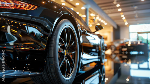 Showroom Display of Luxurious Black Car at Car Dealership