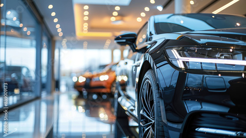 Showroom Display of Luxurious Black Car at Car Dealership