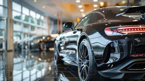 Showroom Display of Luxurious Black Car at Car Dealership