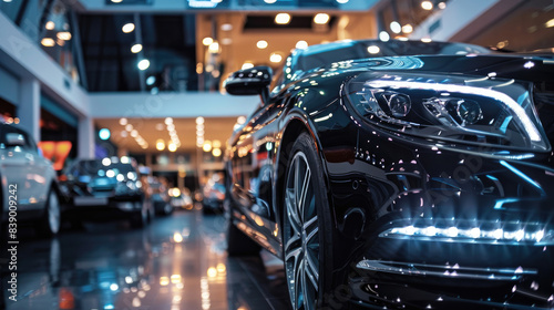 Showroom Display of Luxurious Black Car at Car Dealership