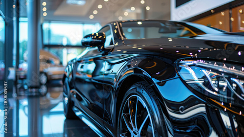 Showroom Display of Luxurious Black Car at Car Dealership