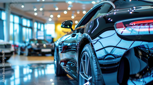 Showroom Display of Luxurious Black Car at Car Dealership