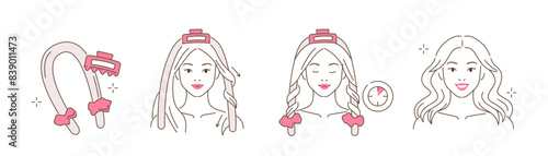 Hair care illustrations set. Collection of girl making styling waves with heatless curl band. Beauty concept. Vector illustration.