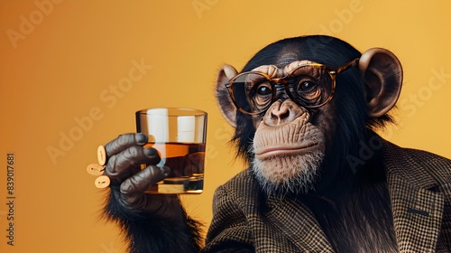 Surreal Portrait of Impish Chimpanzee Drinking Whiskey in Everyday Attire