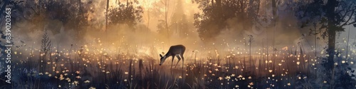 A misty meadow at dawn, where a lone deer grazes amidst a sea of soft-focus wildflowers.