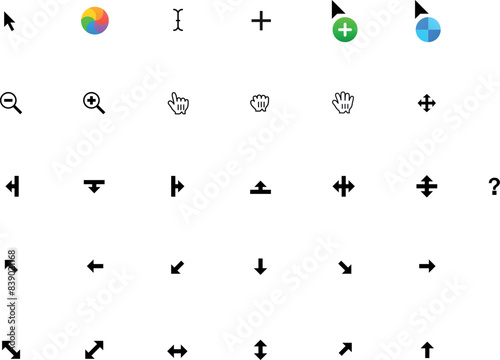 Mac OS mouse cursor pointer anchor click collection set symbol of apple basic system icon. Clicking pointing hand clicks and waiting loading icons arrows or hands cursors tools, ui text box zoom in