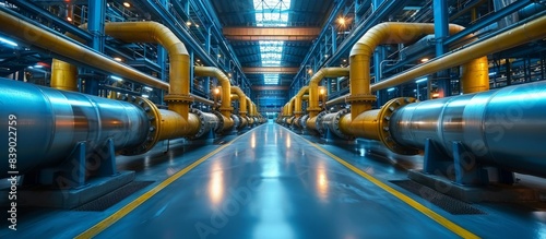 Equipment, cables and pipelines located inside a modern industrial power plant. Panoramic image.