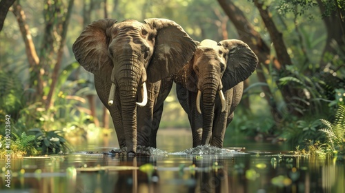 Two elephants are standing in a pond, one of which is looking at the camera. The scene is peaceful and serene, with the elephants and the water creating a sense of calmness