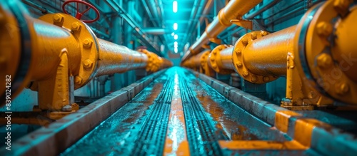 Equipment, cables and pipelines located inside an industrial power plant. Panoramic image.