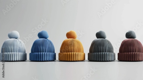 A row of hats with different colors and pom poms