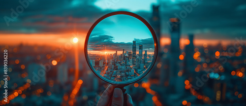 Hand holding a magnifying glass and looking at a city, symbolizing urban exploration and discovery