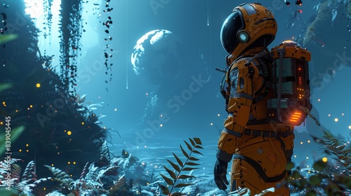 Futuristic orange alien explorer in a neon-lit alien jungle, exotic plants and glowing flora, cutting-edge exploration gear