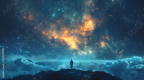 A lone figure standing on a hilltop, marveling at the brilliance of the stars overhead, Generative AI
