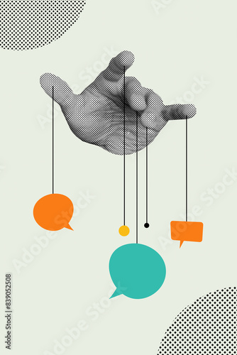 Composite collage image of hand hold springs speech bubble talking conversation manipulation billboard comics zine minimal