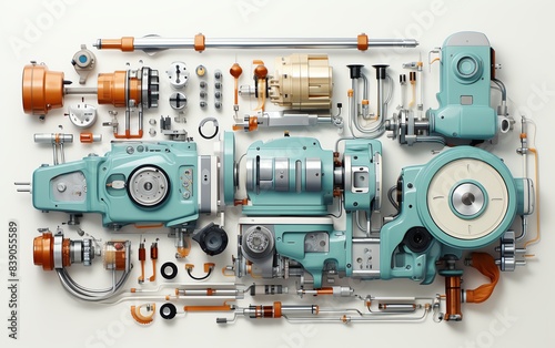 Assorted mechanical parts and tools arranged in a flat lay composition.