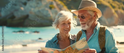 Bright and Hopeful Retirement Planning: Couple Looking at Travel Brochures with Space for Text