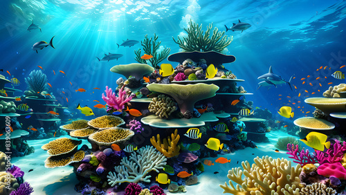 Underwater Coral Reef - A vibrant underwater scene showcasing a diverse coral reef, great for marine life and conservation topics,Generative AI