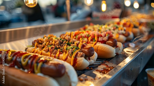 Close-up of a tasty hot dog with toppings at a evening sports event, perfect for food and lifestyle concepts.