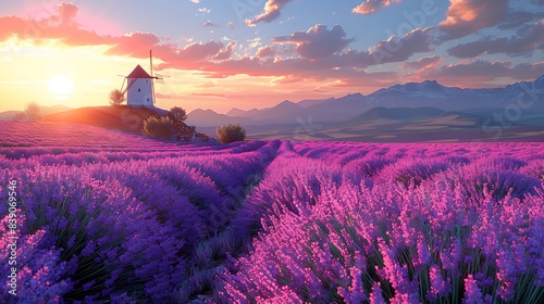 A field of lavender in full bloom under a clear blue sky, with a quaint windmill visible in the distance. 