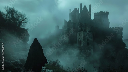 Ruins of the ancient castle shrouded in mist
