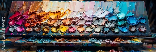 A freshly painted artist's palette showcasing a variety of vivid paint colors, set against an easel and canvas background. 