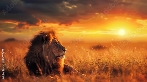 A majestic lion basking in the golden rays of the savannah sunrise.