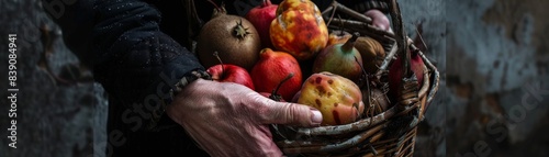A hand holding a basket full of various rotten fruits, isolated on a white background, moldy and spoiled, high resolution, ideal for advertisements on food waste and spoilage