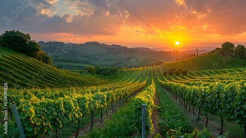 Picturesque vineyard with rows of grapevines laden with ripe grapes, under a golden sunset. 