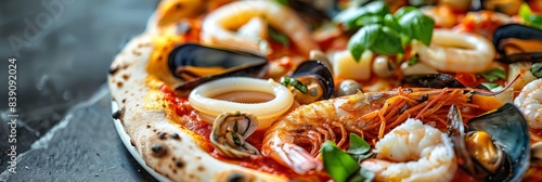 Seafood Pizza, Pizza Ai Frutti Di Mare with Squid Rings, Mussels and Shrimps with Tomato Sauce