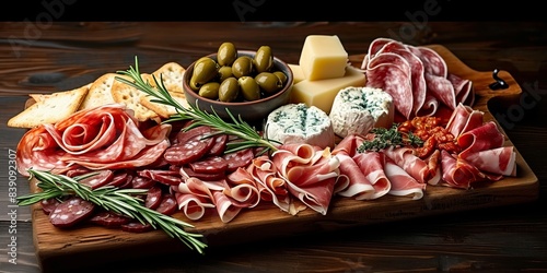 Traditional Spanish tapas featuring cured meat, cheese, and spicy olives served on a wooden board. Includes ham, salami, and goat cheese, Generative AI