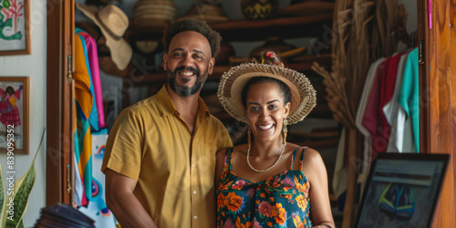 a Brazilian couple managing an online boutique from their home, showcasing traditional clothing and accessories