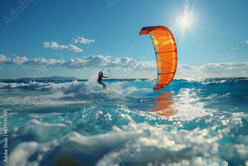 Kite Surfing: A kite surfer riding waves with a colorful kite, showing the combination of wind and water sports.