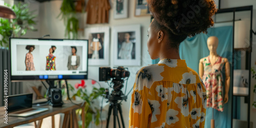 a Brazilian woman hosting a virtual fashion show from her living room, showcasing designs on mannequins
