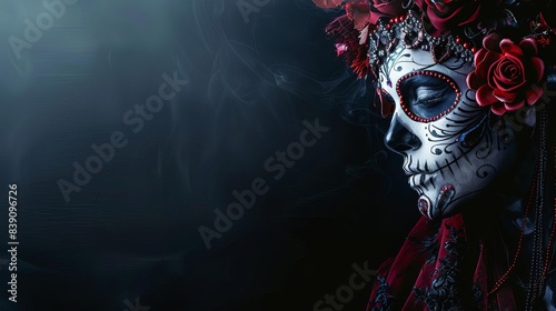 Panoramic scene of a woman adorned in intricate skull makeup, against a black backdrop, with generous copy space, hyper-realistic digital art