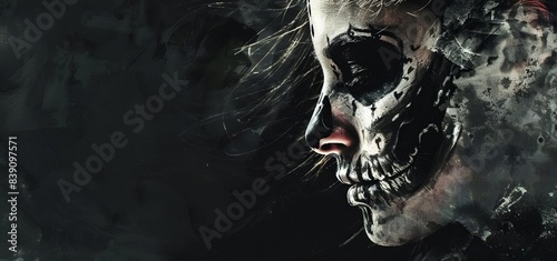 Panoramic view of a woman with skull makeup, set against a black background, with ample copy space, digital painting with a gothic style