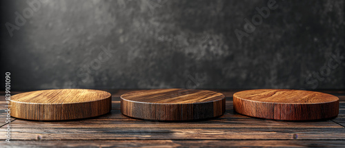 Set of 3 wooden product stands in isolation