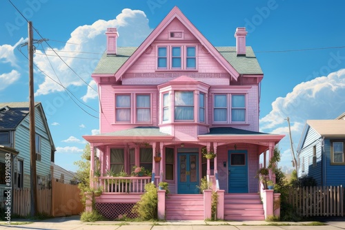 Beautifully preserved pink victorian house boasts intricate details and a welcoming facade under a clear blue sky