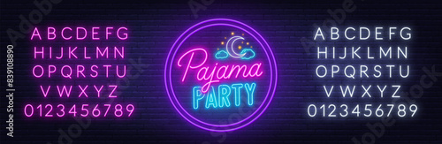 Pajama Party Sign on brick wall background.