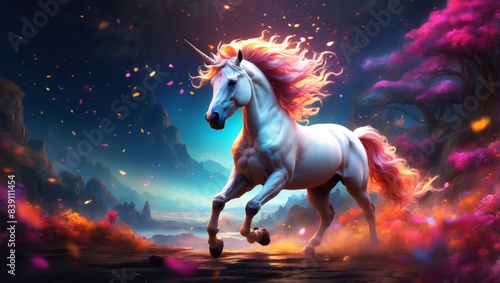 A colorful unicorn in a fantasy landscape