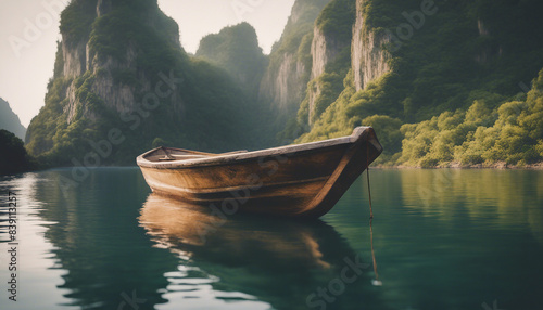 wood humble boat in calm waters, surrounded by towering cliffs and lush vegetation 