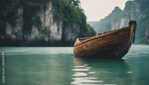wood humble boat in calm waters, surrounded by towering cliffs and lush vegetation 