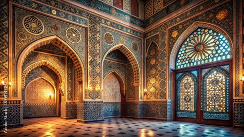 Intricately designed islamic-style wall featuring majestic arches, richly ornate arabic patterns, and intricate geometric motifs in a serene, empty, and dimly lit ambiance.