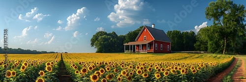 Scenic view of a sunflower field in full bloom under a bright summer sky, with a quaint farmhouse in the distance. 