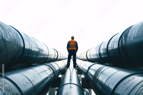 A worker stands on large pipelines wearing safety gear and a helmet inspecting the infrastructure with a clear sky background